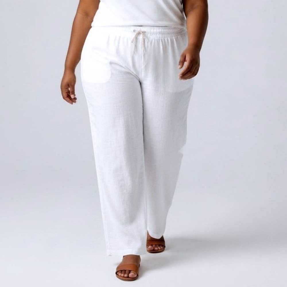 Women's Plus White Drawstring Linen-Blend Pants